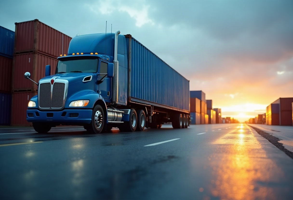 Drayage truck hauling a shipping container out of a Pacific Northwest port terminal at sunrise